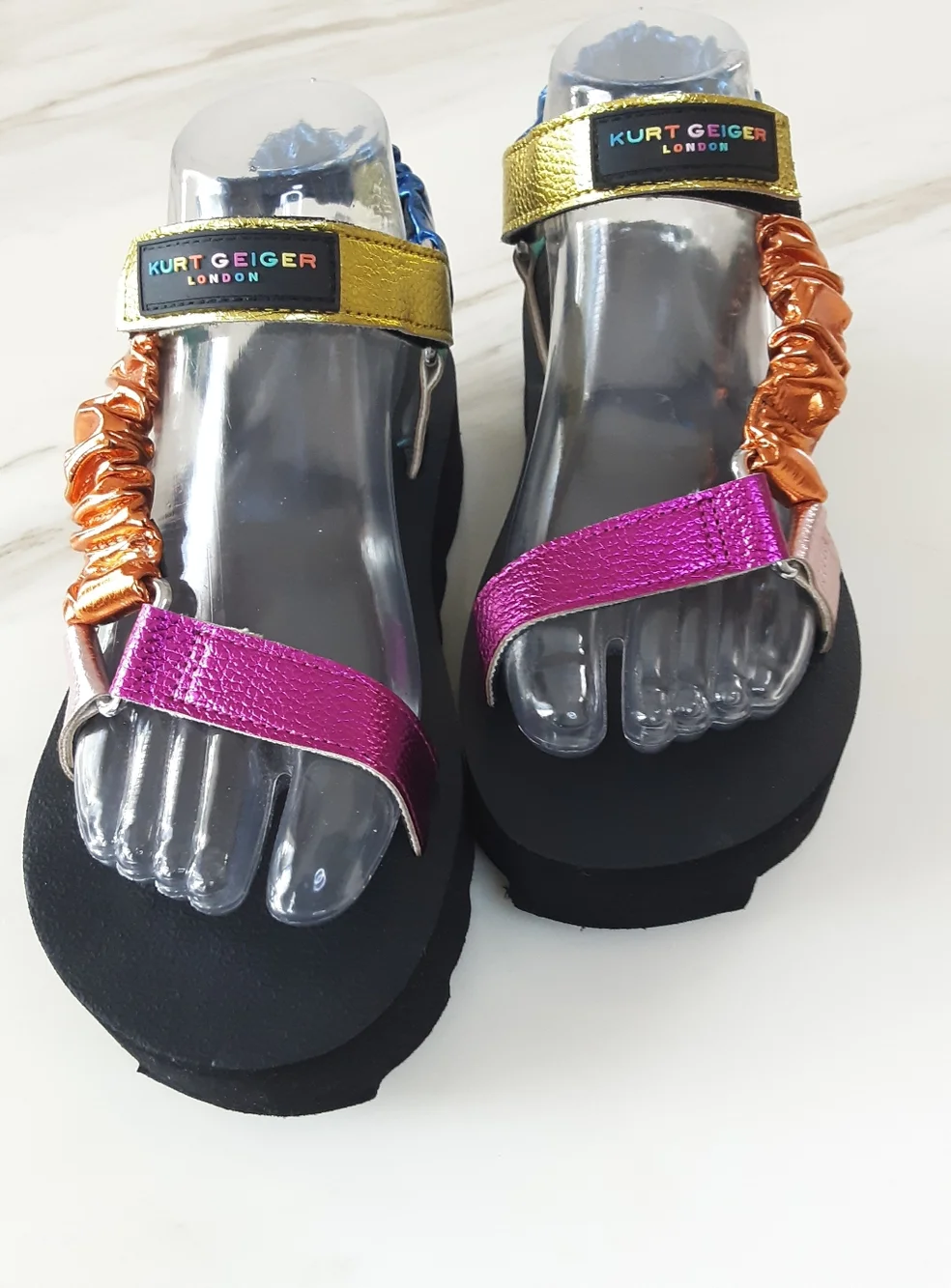 KURT GEIGER London Orion Rainbow Metallic Ruched Strap Platform Sandals Sz 6 - Picture 4 of 11